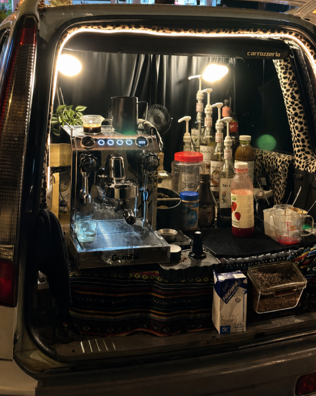 Kofh by Eshaal Kuala Lumpur coffee machine at the back of a car 